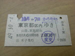 山陰本線　米子から東京都区内ゆき　山陰、東海経由　昭和49年10月4日　日 米子発行　国鉄