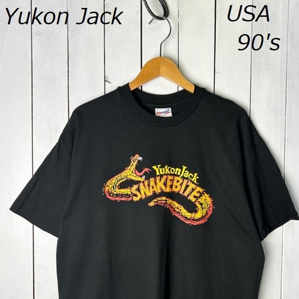 T●320 USA古着 90s USA製 YukonJack SNAKEBITE Tシャツ XL 黒 Hanes シングルステッチ オールド ヴィンテージ リキュール ウィスキー