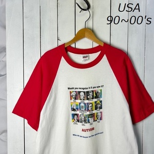 T●322 USA古着 90s～00s AUTISM 偉人 ラグランTシャツ XL 赤×白 anvil オールド ヴィンテージ アメリカ古着 レインボー