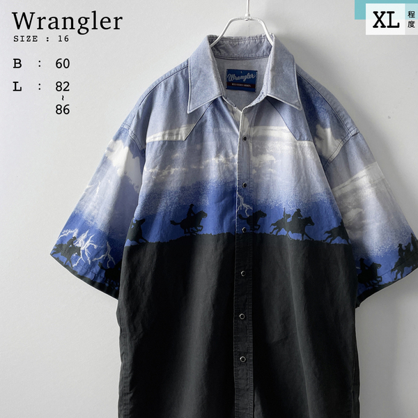 Wrangler グラデーション 総柄 ウエスタン 半袖 シャツ 青 ブルー 紺 ネイビー 黒 ブラック 柄 切り替え 綿 コットン ラングラー メンズ XL