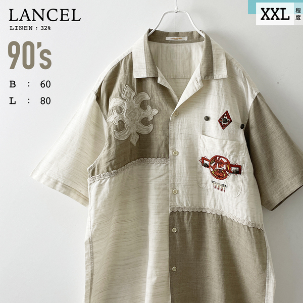 90s LANCEL　綿 麻 パッチワーク 柄 ボックス 半袖 オープンカラー シャツ 総柄 ベージュ アイボリー リネン ヴィンテージ メンズ XXL 2XL