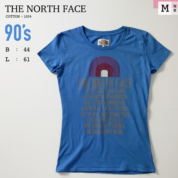 90s THE NORTH FACE 薄手 ロゴ プリント 半袖 Tシャツ 青 ブルー 紫 ビンテージ ヴィンテージ 綿 100% ザ ノースフェイス レディース M 9号
