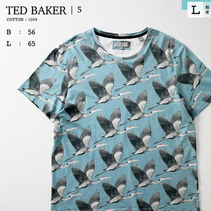 Ted Baker ショート丈 総柄 プリント 半袖 Tシャツ 水色 ライト ブルー 青 鳥 アニマル 綿 100% コットン 薄手 テッドベーカー 5 メンズ L