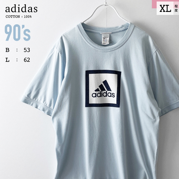 90s adidas　綿 100% ボックス ロゴ プリント 半袖 Tシャツ 水色 ライト ブルー 青 ヴィンテージ アディダス レディース XL オーバーサイズ