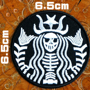 パロディーワッペン【スカルマーメイド】黒 人魚 スタバ パッチ アップリケ 糊付き ドクロ コーヒー skull coffee wappen patch