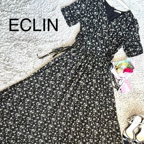 ECLIN エクラン ワンピース 花柄ワンピース レースアップワンピース ロングワンピース Aライン