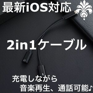 Black iPhone 充電 イヤホン 二股充電ケーブル 二又ケーブル　同時充電 2in1 充電しながらイヤホン パラレル対応 