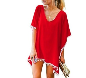 [ free shipping ] cover up swimsuit tassel sea pool poncho free size red camp summer feather woven sunburn measures storage 