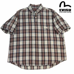 美品 EVISU(yamane) エヴィス 半袖シャツ サイズ42/XL相当 ブラウン チェック柄 日本製 背面ロゴ刺繍 プルオーバー ポロ 春夏 人気 A2556