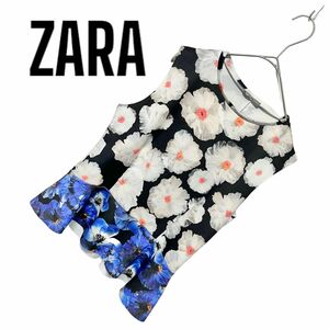 630. ZARA フラワープリントノースリーブブラウス