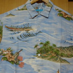 即決 ハワイ Tori Richard トリ・リチャード アロハシャツ 水色 風景柄 ＸＬ シルク・コットン混合素材の画像1