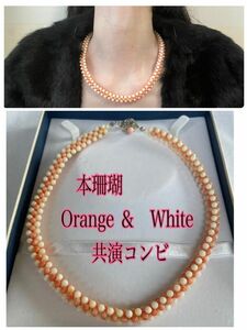 ビンテージ　珊瑚ネックレス　Orange　＆　White 可愛いコンビ　silver