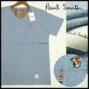 新品 即決 ポールスミス VネックＴシャツ M サックス マルチストライプ マルチラビット刺繍 半袖カットソー Paul Smith メンズ 【2450】