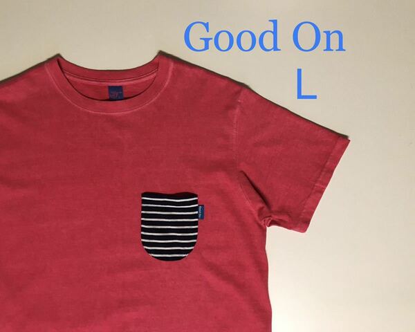 Lサイズ Good On USA製 ピンク クルーネック ポケット Tシャツ レイヤー ボーダー リメイク ピグメント グッドオン アメリカ製 GOODON SURF