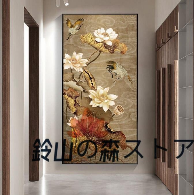 Lotusblumenmuster, helles Luxus-vertikales Wohnzimmer, hängender Eingang, dekorative Malerei, 40 x 80 cm, Malerei, Ölgemälde, Natur, Landschaftsmalerei