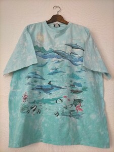 ビッグサイズ 90s メキシコ製 96年 LIQUID BLUE リキッドブルー タイダイ総柄 イルカ 魚 Tシャツ XL ★USA古着