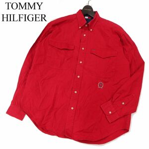 90s★ TOMMY HILFIGER トミーヒルフィガー エンブレム刺繍★長袖 ボタンダウン ビッグ シャツ Sz.M　メンズ ビンテージ 古着　I3T00811_8#C