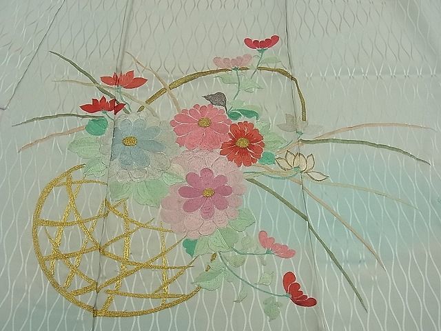 人気直販 汕頭 蘇州刺繍 総刺繍 金糸 訪問着 正絹 花柄 熨斗 山藍摺 青