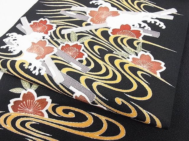 平和屋-こころ店□極上銀座きしや九寸名古屋帯花筏黒地鬼しぼ縮緬正絹