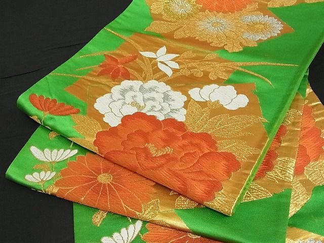 平和屋-こころ店□六通柄袋帯唐織色紙花文銀糸正絹逸品A-pf4073
