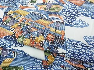 平和屋-こころ店■上質な小紋　型染め　藍　人物風景文　着丈168cm　裄丈64.5cm　正絹　逸品　未使用　A-ta5215