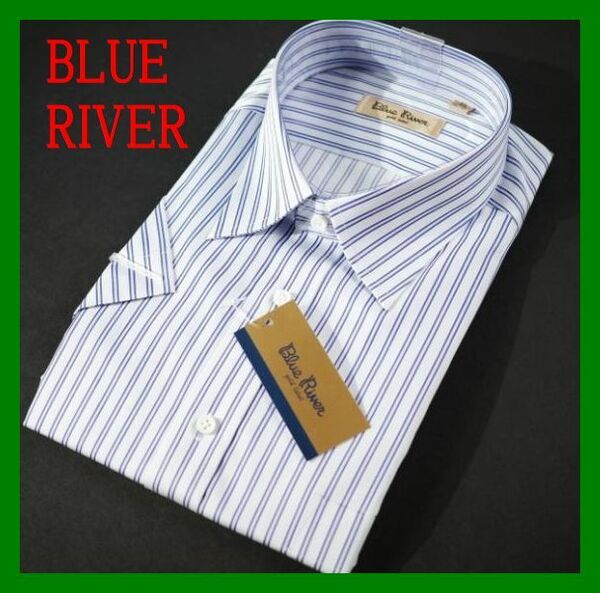 3BLUE RIVER 半袖 レギュラーカラーシャツ 45 ストライプ 綿青