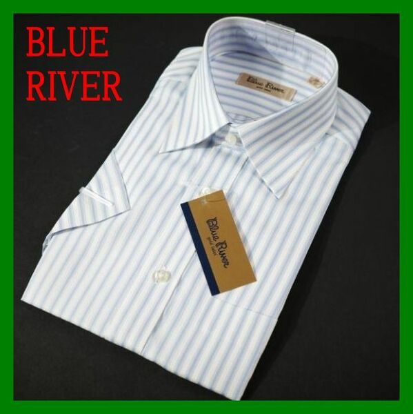 5BLUE RIVER 半袖 レギュラーカラーシャツ 38 ストライプ青 