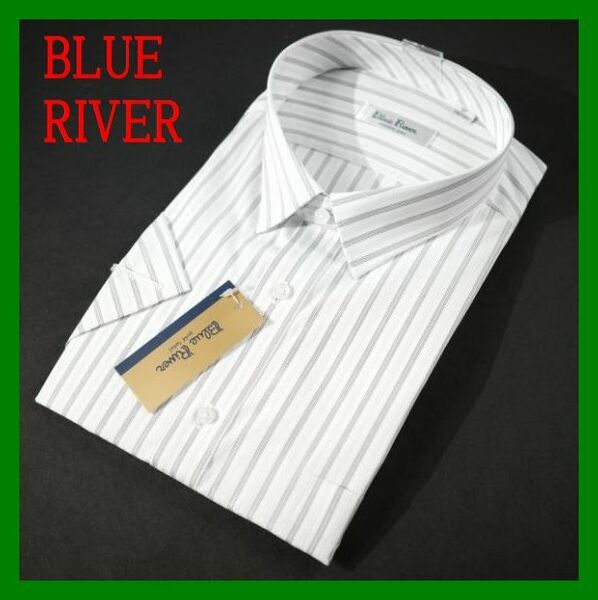 2BLUE RIVER 半袖 ショートカラーシャツ 45 ストライプ 綿白3435