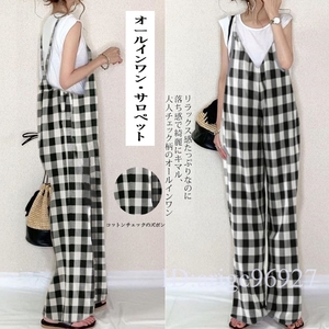 L50* overall lady's coveralls all-in-one overall wide pants spring summer put on .. stylish check pattern free size 