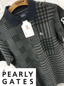タグ完備 PEARLY GATES グレンチェック 総柄 ポロシャツ パーリーゲイツ ロゴ サイズ4 グレー 灰 ゴルフ ゴルフウェア