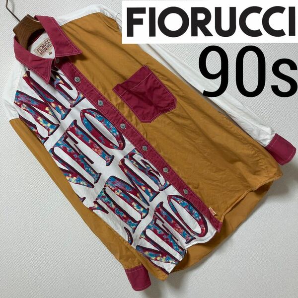 90s■FIORUCCI フィオルッチ■アシン クレイジー ビッグロゴ シャツ L マスタードイエロー ピンク 白 アシンメトリー オールド Vintage