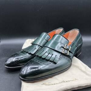 M1131 訳あり 未使用 Santoni サントーニ レザー ビジネス ドレス シューズ モンクストラップ 右7 左8 25.0〜26.0cm相当 グリーン 革靴