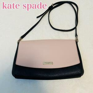 【美品】kate spade ケイトスペード WKRU5437 レザー クロスボディ ショルダーバッグ ピンクベージュ系×ブラック系　おしゃれ　レディース