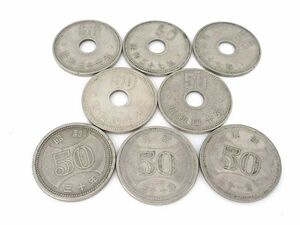 ☆古銭 昭和 硬貨 菊50円 穴あき×5枚 穴無し×3 計8枚 400円分 昭和30年,31年,37年,40年 長期保管品 現状品☆