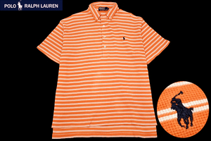 Y-6362★送料無料★美品★Polo by Ralph Lauren ポロ ラルフローレン★正規品 オレンジボーダー ポニーロゴ刺繍 半袖 B/D ポロシャツ Ｌ