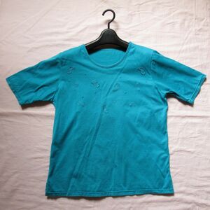 半袖Tシャツ ターコイズブルー Mサイズくらい ペイズリー柄 刺繍 肩パッド 綿100% トップス カットソー レディース 