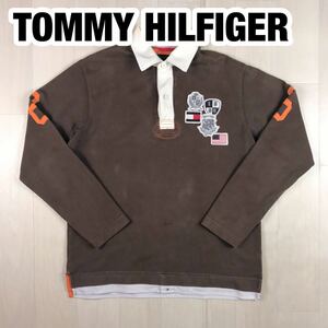 TOMMY HILFIGER トミーヒルフィガー 長袖 ラガーシャツ M ブラウン 切り返し ロゴワッペン