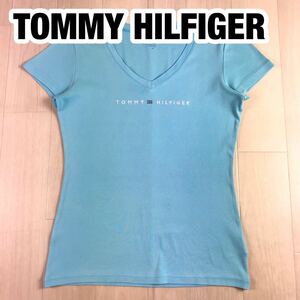 TOMMY HILFIGER トミー ヒルフィガー 半袖 Tシャツ S/P ライトブルー 刺繍ロゴ ビジュー フレンチスリーブ Vネック