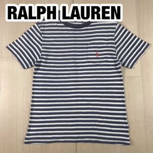 POLO RALPH LAUREN Polo Ralph Lauren short sleeves T-shirt M(10-12) 150/76 Youth size border pattern navy × blue × white pocket 