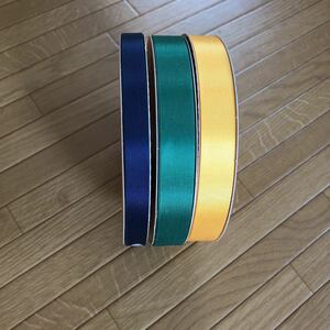 100メートル　ギフトラッピング 専用リボン　サテンリボン 3本セット　紺色幅13ミリ　緑　黄色　幅19ミリ　プレゼント用リボン