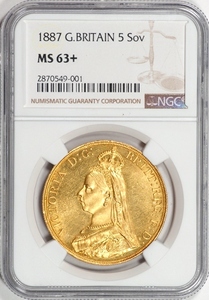 高鑑定 1887年 英国 イギリス ビクトリア女王 ヴィクトリア ゴールデンジュビリー ジュビリーヘッド 5ポンド 5ソブリン 金貨 NGC MS63＋