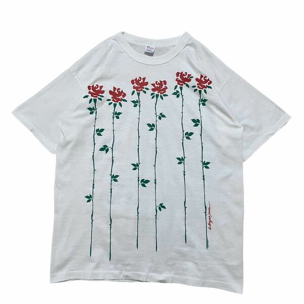 80s USA製 champion チャンピオン トリコタグ アート フラワー 薔薇 Tシャツ