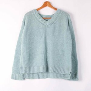  ef-de knitted sweater long sleeve V neck large size wool /mo hair . plain tops lady's 15 size green ef-de