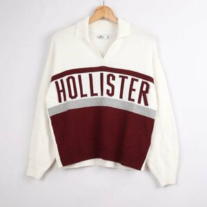 ホリスター ポロニット 長袖 袖リブ プルオーバー ロゴ カジュアル トップス レディース XSサイズ ホワイト Hollister