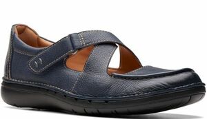 送料無料 Clarks 23.5cm ストラップ フラット メリージェーン ネイビー ブルー ヒール レザー 軽量 ソフト ソール ビーサン ウエッジ at43