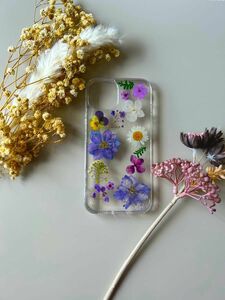 iPhone13 ケース　押し花　ドライフラワー　花柄　ラメ　クリア　透明　スマホケース