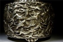 細工白銅製 亀紋蓋 千鶴紋高彫香炉 大明年製在銘 開運置物 上質 高11.5cm 875g_画像4