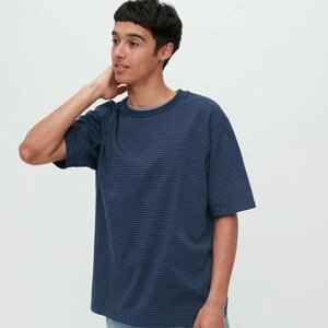 L uniqlo ユニクロ オーバーサイズボーダーTシャツ（5分袖） Ｔシャツ TEE T-shirt T-shirts シャツ border ボーダー NAVY ネイビー 紺