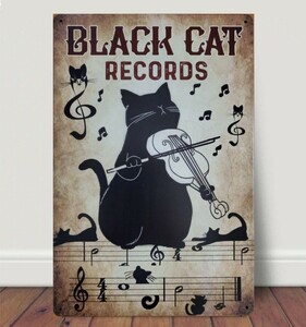 ブリキ看板　HANAKO　レトロ　猫の看板　T26　黒猫　バイオリン　音楽教室　スタジオ　ウェルカムボード