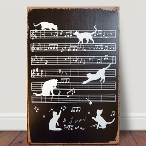 ブリキ看板　HANAKO　レトロ　猫の看板　T43　黒猫　猫のシルエット　音符　ピアノ　音楽教室　ウェルカムボード